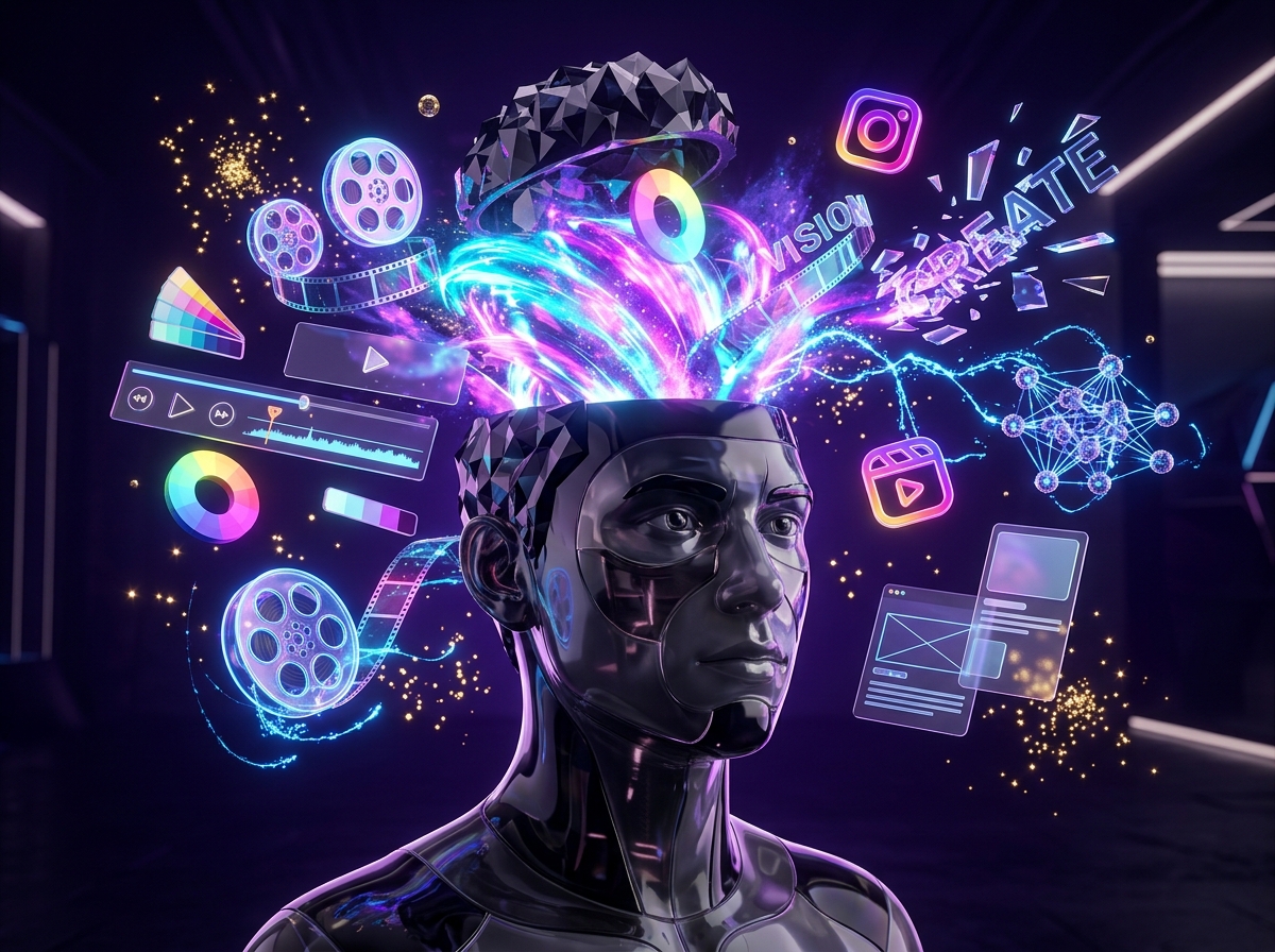 Creative visionary mind bursting with video editing, AI video, design, and digital creative services